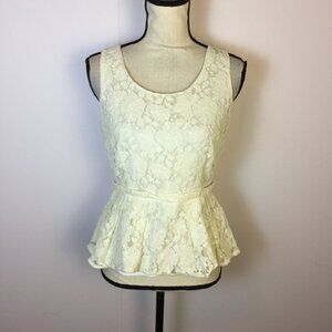Worthington Peplum Blouse Top Size S Womans Ivory Floral Lace Sleeveless Pleated